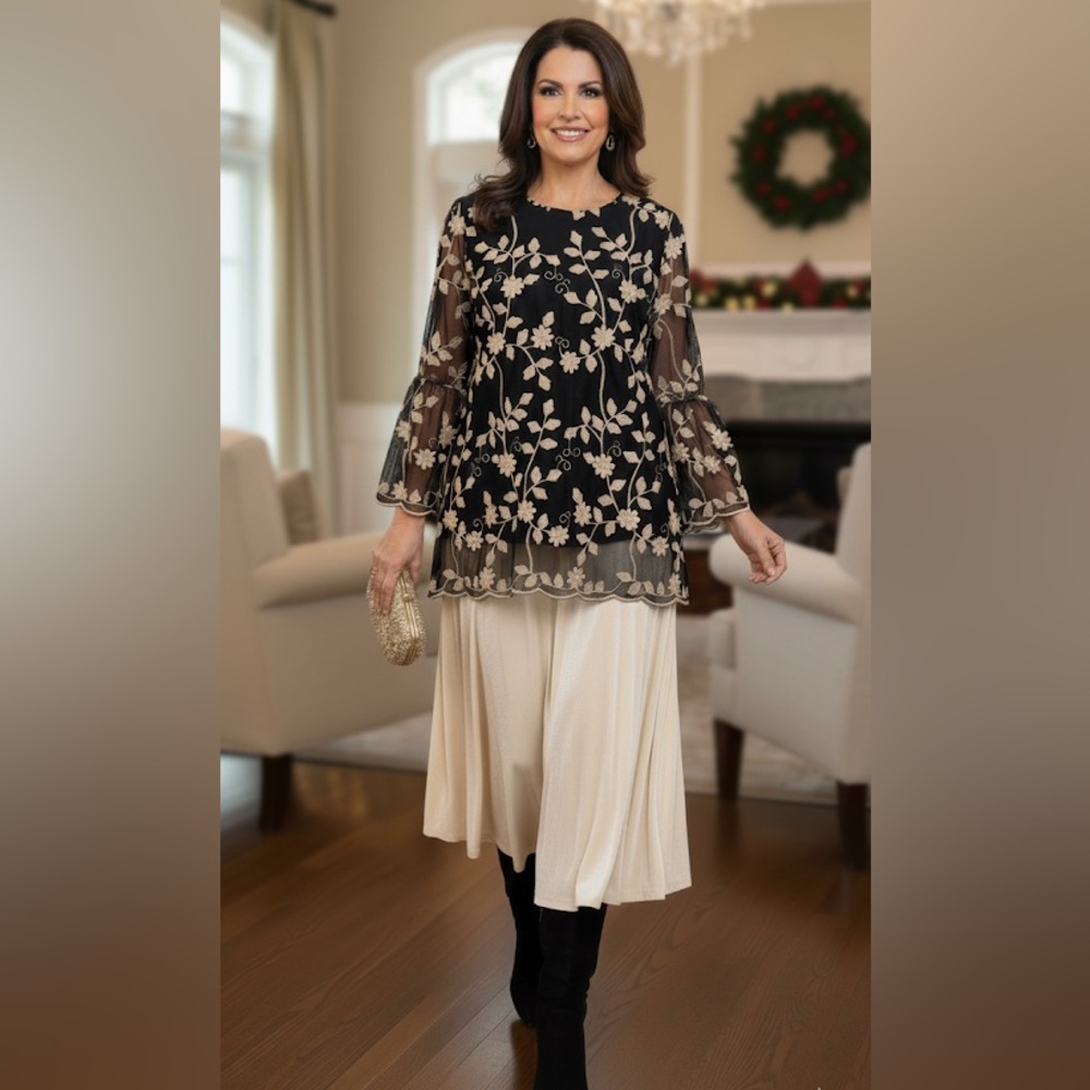 Alfani Floral Embroidered Black tunic top